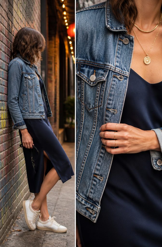 A slip dress with a denim jacket on top.
