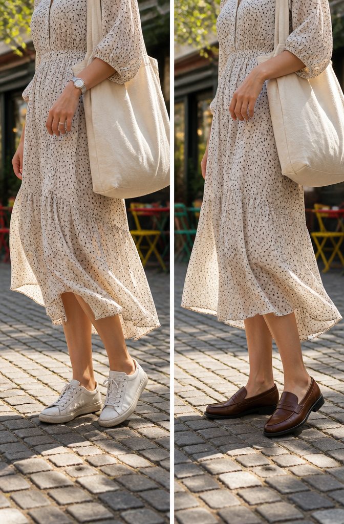 A casual dress worn with sneakers.