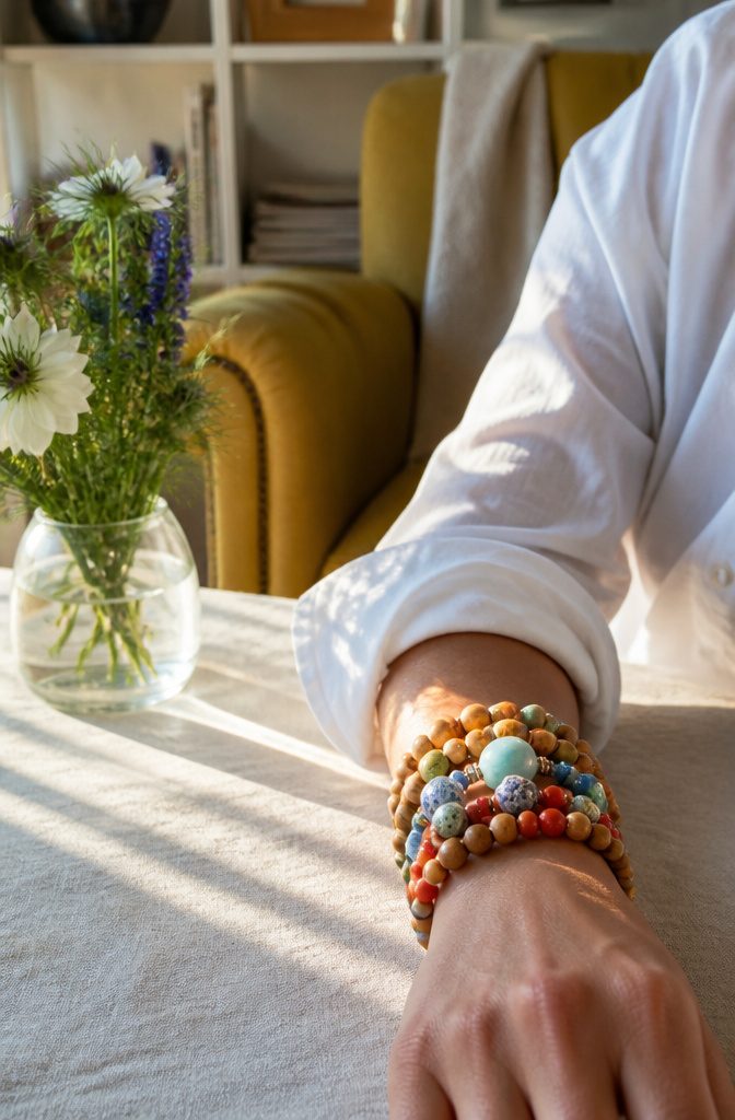 Spring 2026 Jewelry Trends: What's In This Season 4 A wrist adorned with colorful glass and wooden beaded bracelets.