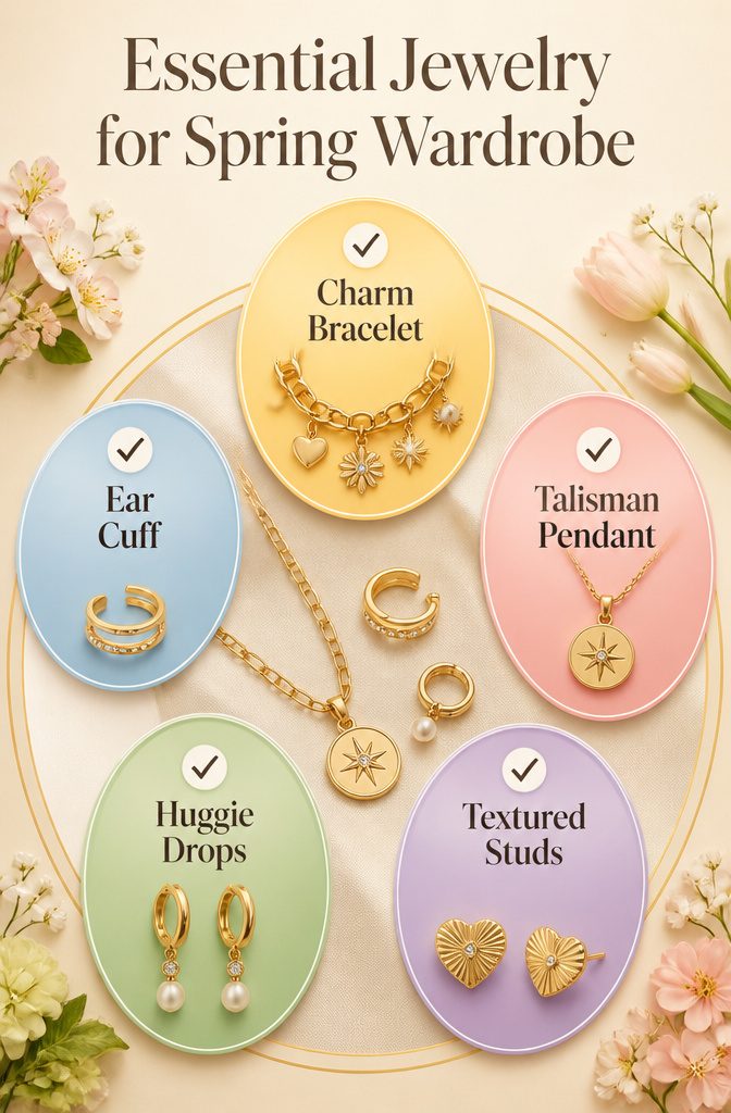 Spring 2026 Jewelry Trends: What's In This Season 15 A layout of essential jewelry pieces for a spring wardrobe.