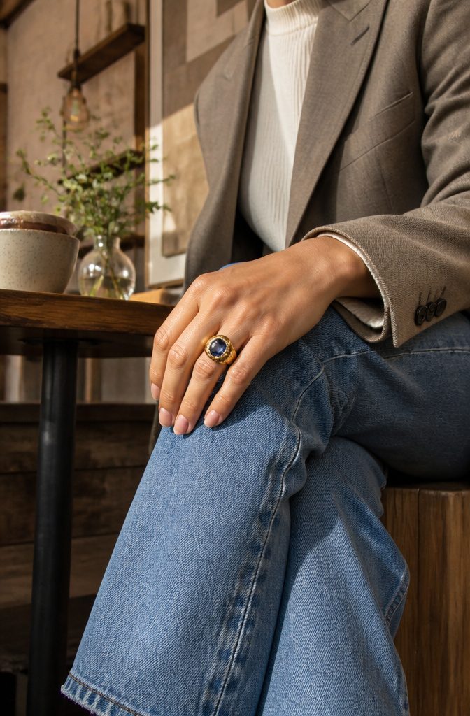 Spring 2026 Jewelry Trends: What's In This Season 7 An oversized cocktail ring displayed prominently on a finger.