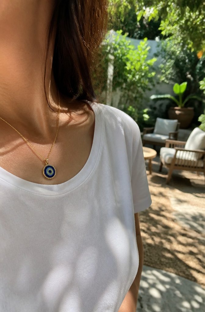 Spring 2026 Jewelry Trends: What's In This Season 9 A delicate evil eye pendant hanging from a chain above a collarbone.