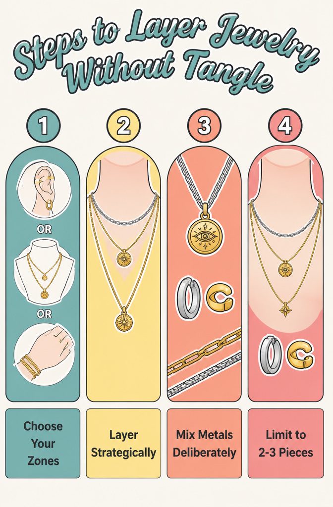 Spring 2026 Jewelry Trends: What's In This Season 12 A diagram illustrating steps to layer jewelry without tangling.