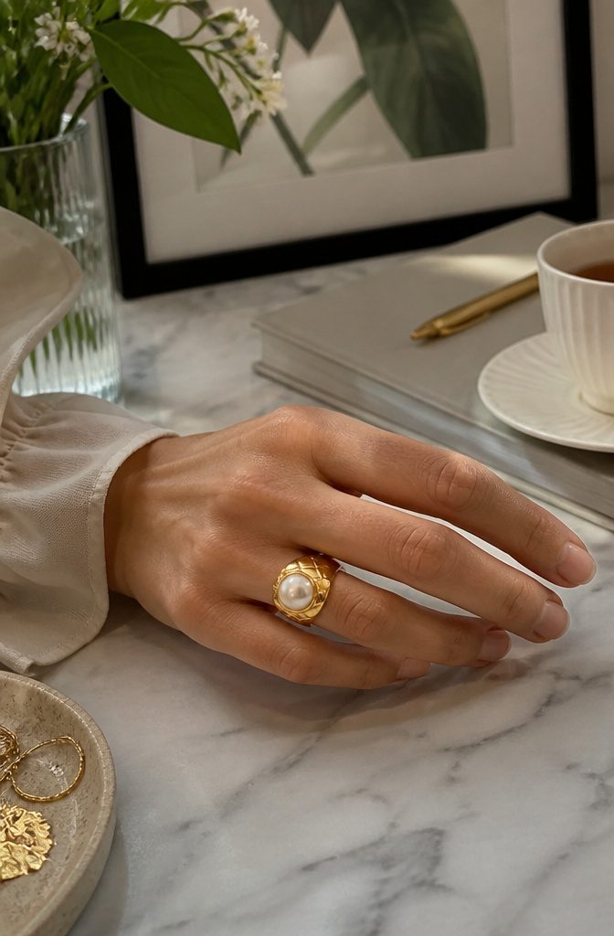Spring 2026 Jewelry Trends: What's In This Season 5 A pearl ring with an 18K yellow gold setting on a finger.