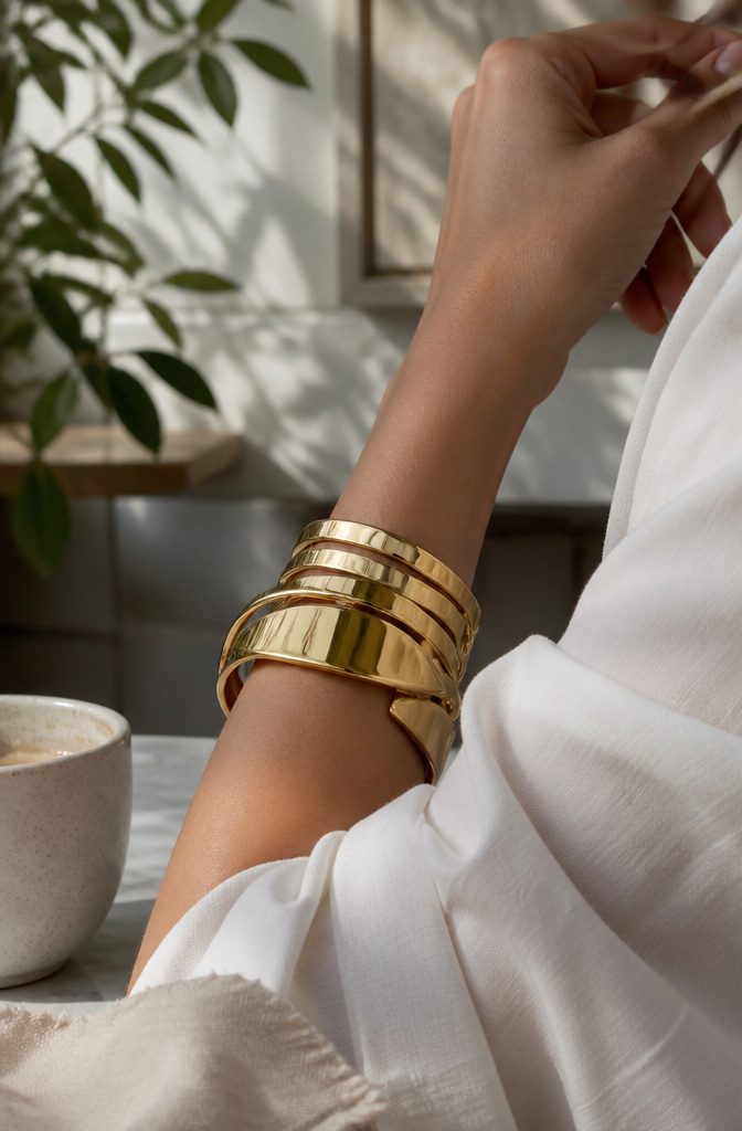 Spring 2026 Jewelry Trends: What's In This Season 2 A gold cuff bracelet with layered contours displayed on a wrist.