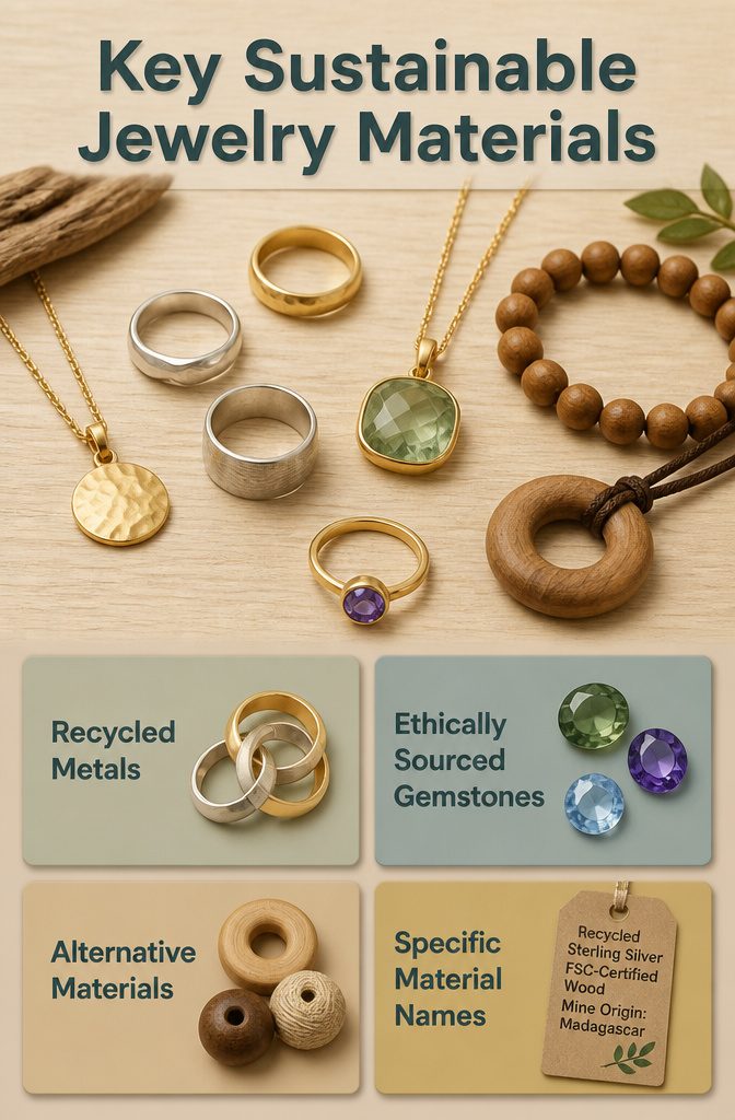 Spring 2026 Jewelry Trends: What's In This Season 11 An information graphic highlighting sustainable jewelry materials.
