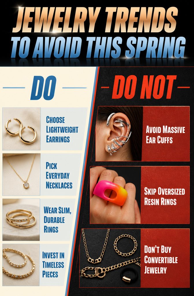 Spring 2026 Jewelry Trends: What's In This Season 14 A collection of oversized earrings and rings that are trending to avoid.