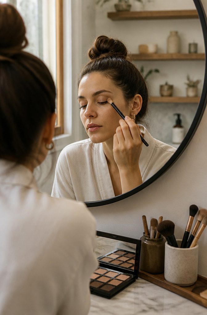 Close-up of a model applying taupe eyeshadow with a brush.