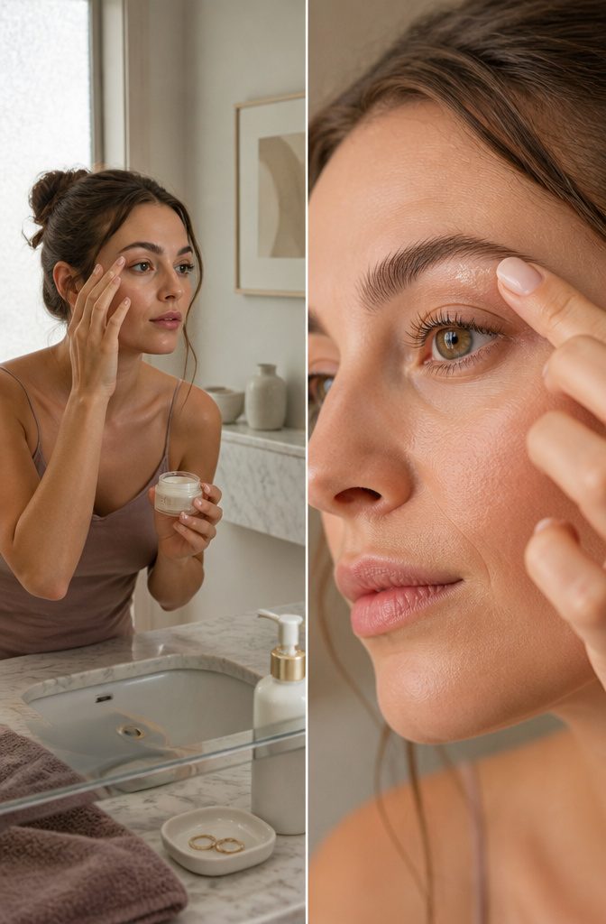 Model applying highlighter to brow bone and inner corner of the eye.