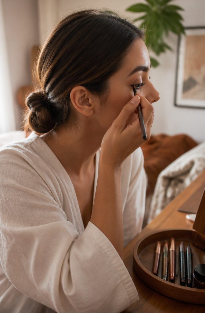 Side view of model applying thin brown eyeliner to upper lashes.