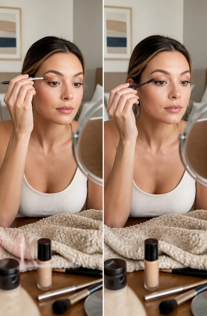 Model applying mascara to enhance lashes without clumping.