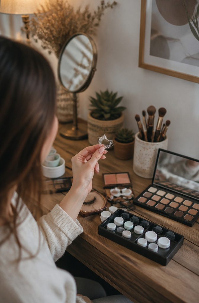 Model holding a pair of false lashes at a styled vanity.