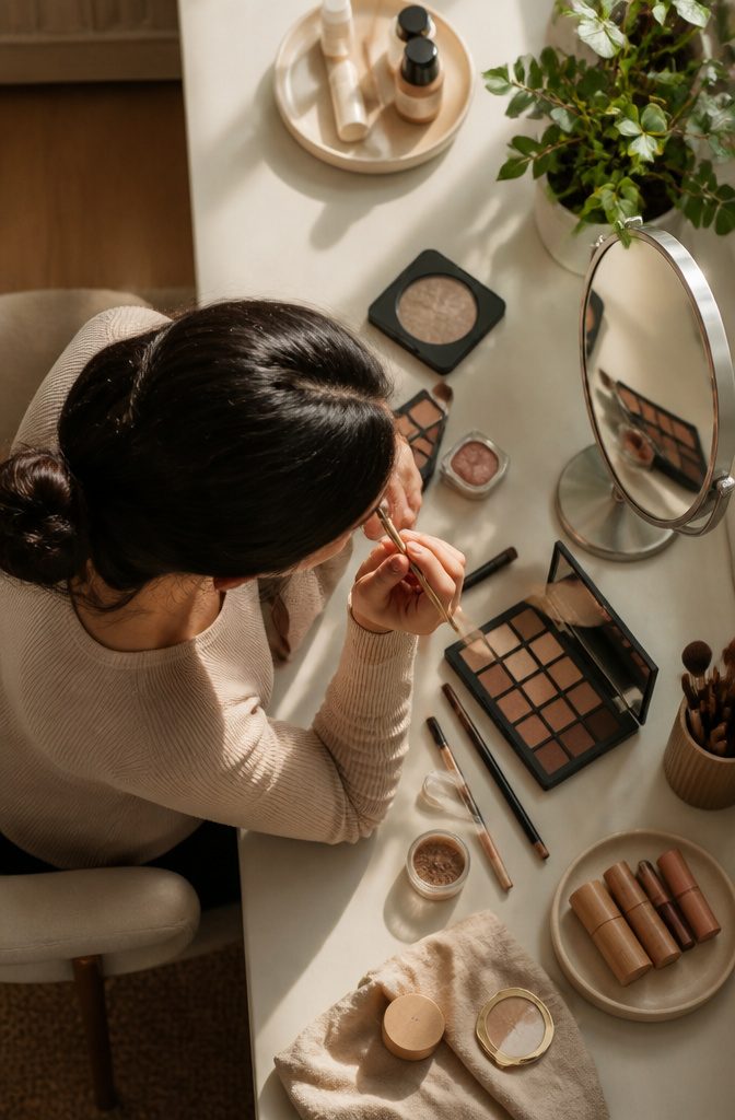 Shades of taupe, brown, and earth tones arranged against skin.
