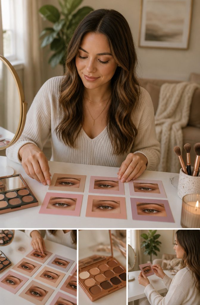 Collage of six different natural eye makeup looks for light brown eyes.