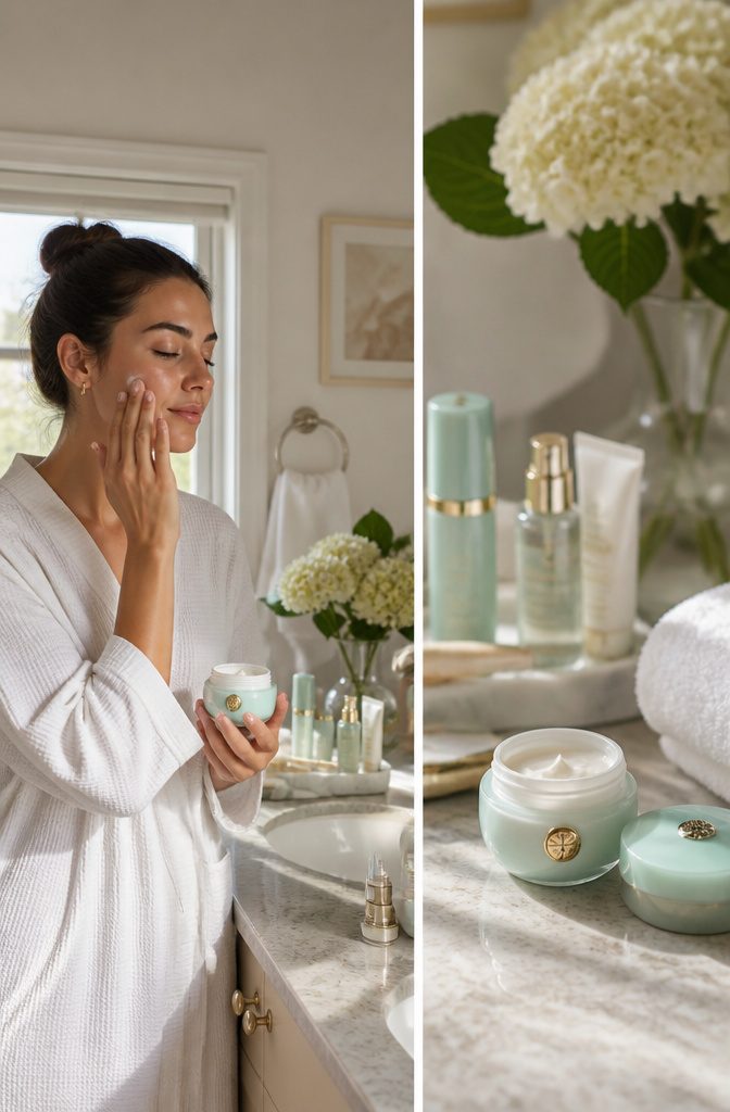 Model applying moisturizer to prepare skin for makeup.