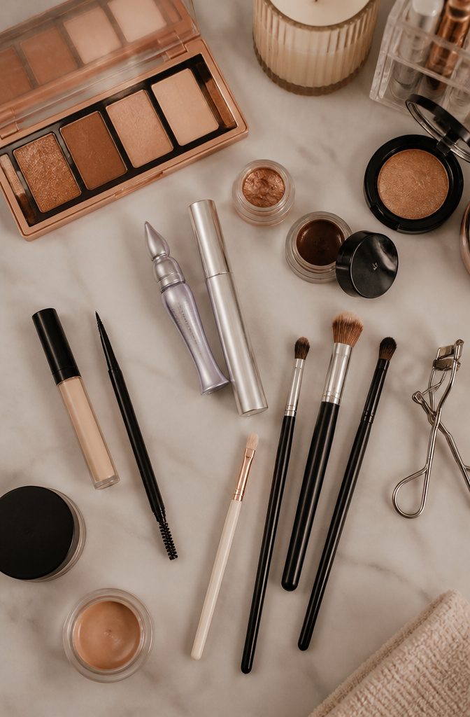 Flat shader and tapered crease brushes displayed for makeup application.
