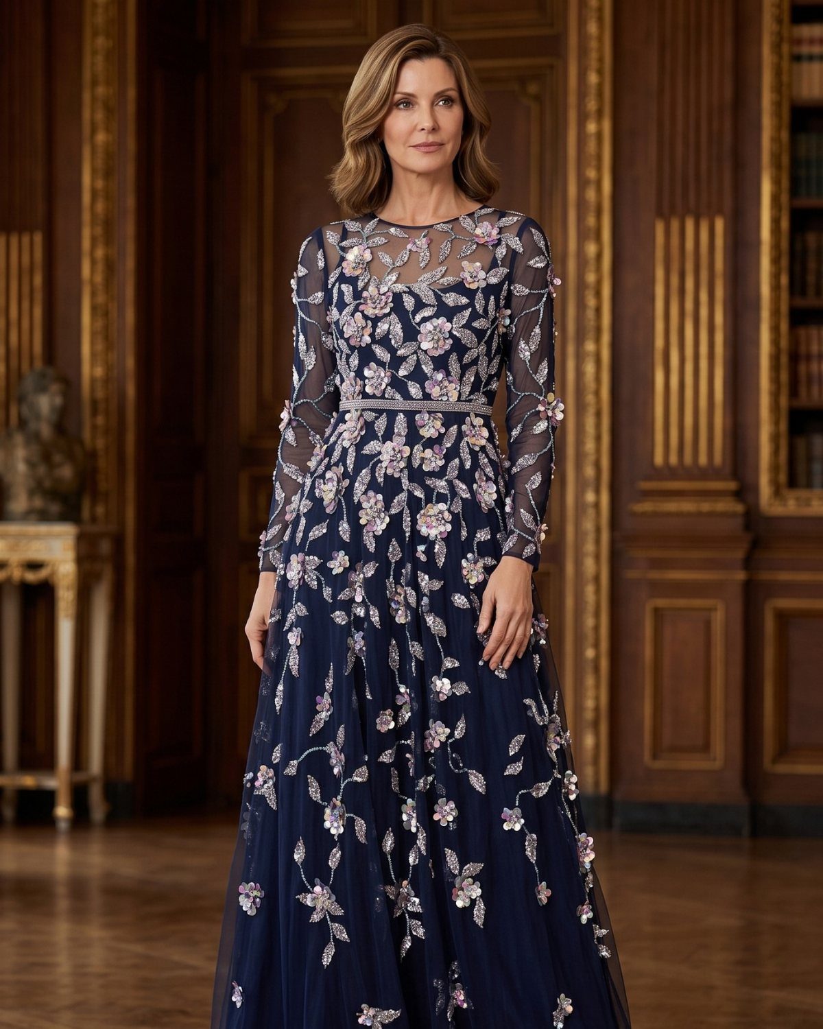 Woman wearing a navy blue long sleeve ball dress with floral embroidery.