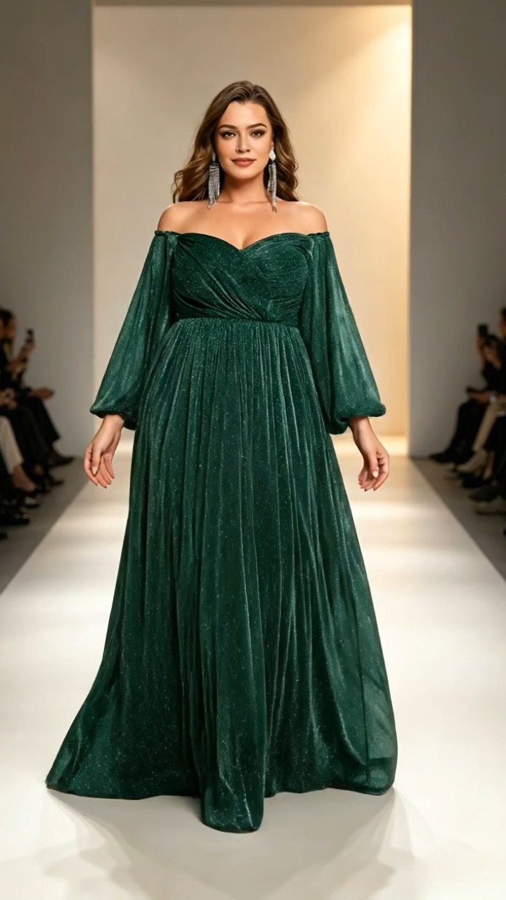 Woman in emerald green off-the-shoulder gown with voluminous lantern sleeves on a runway.