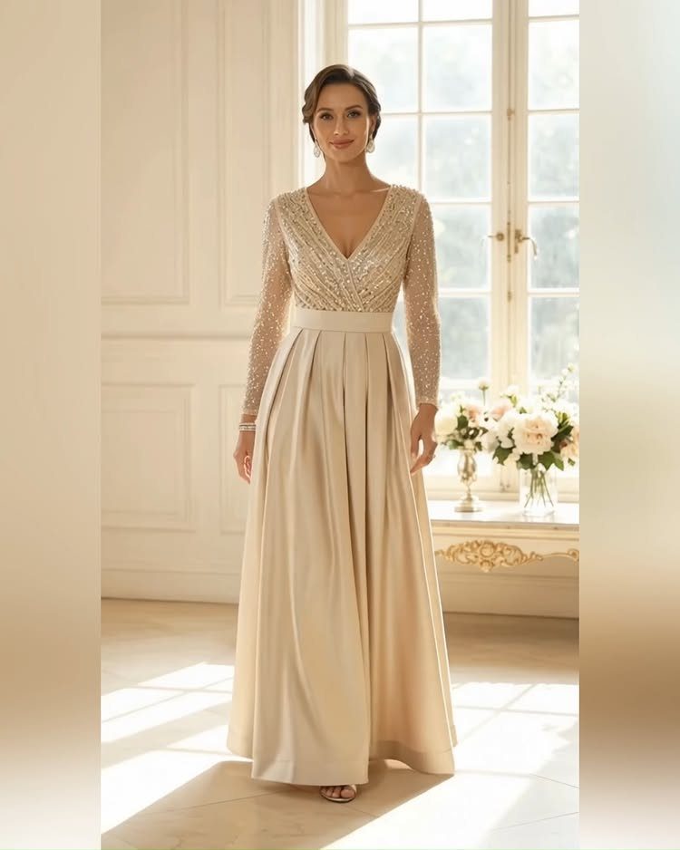 Woman in a champagne gown with embellished long sleeves and a pleated A-line skirt.