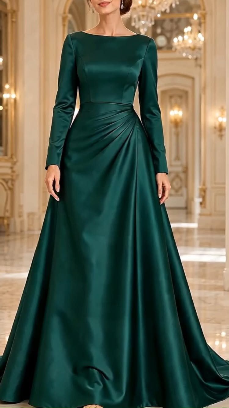 Woman in a long sleeve dark green satin ball gown in an ornate hall