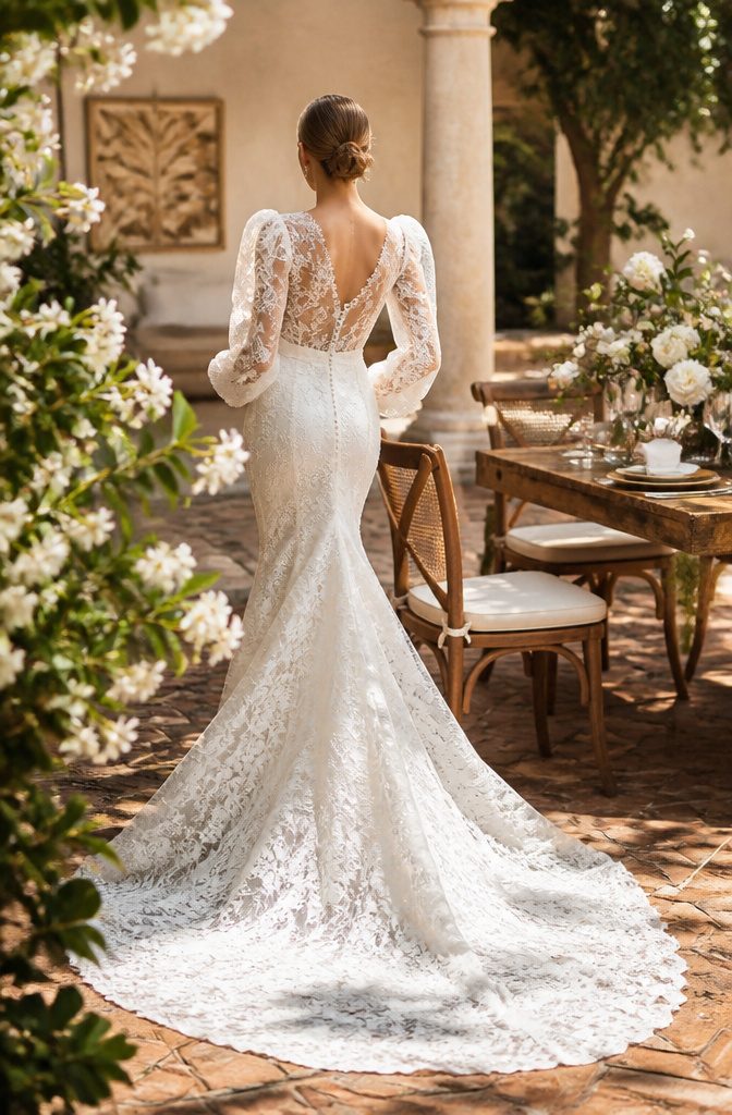 Most Popular Vera Wang Wedding Dresses: 18 Styles for 2026 6 A form-fitting lace gown with Juliet sleeves in a courtyard.