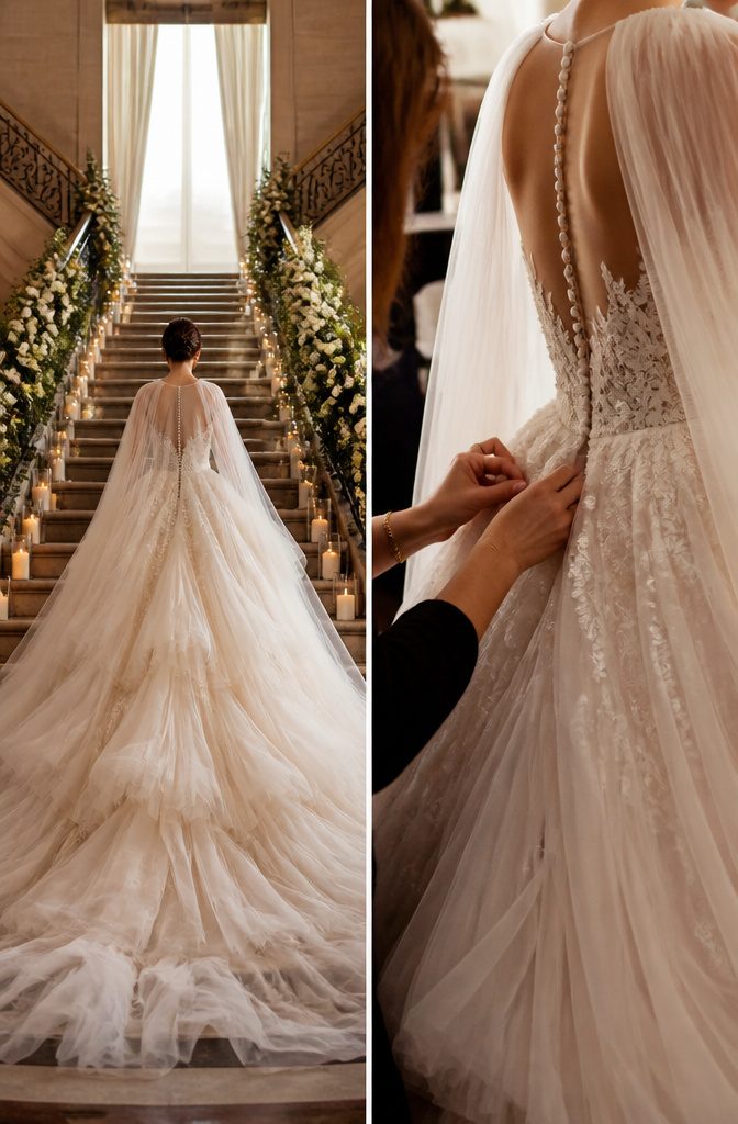 Most Popular Vera Wang Wedding Dresses: 18 Styles for 2026 4 A multi-tiered tulle ballgown with a cape.