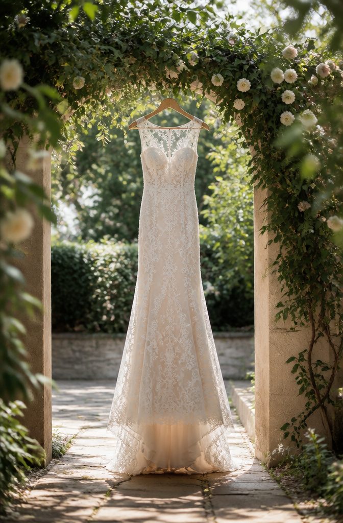 Most Popular Vera Wang Wedding Dresses: 18 Styles for 2026 11 A sleeveless gown with a lace overlay in a garden setting.
