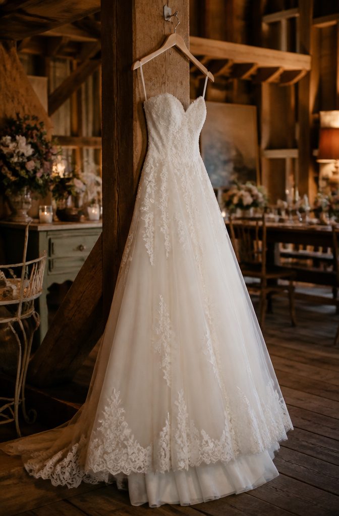 Most Popular Vera Wang Wedding Dresses: 18 Styles for 2026 18 A tulle gown adorned with lace accents in a rustic barn.