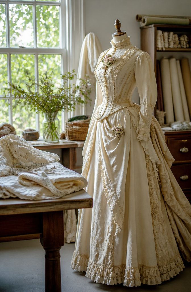 Old Fashion Wedding Dresses From the 1800s Through the 1980s 2 Vintage-inspired wedding gown with a high neck floral trim and long skirt
