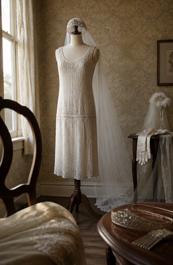 Old Fashion Wedding Dresses From the 1800s Through the 1980s 3 1920s wedding dress with a drop waist and strappy sleeves