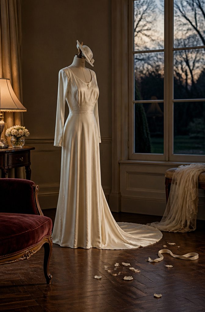 Old Fashion Wedding Dresses From the 1800s Through the 1980s 4 Long-sleeved 1930s gown with a draped skirt short train and white hat