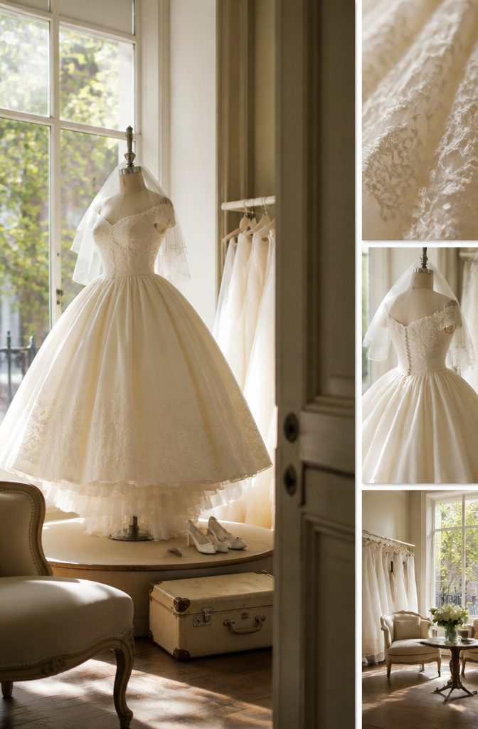 Old Fashion Wedding Dresses From the 1800s Through the 1980s 6 1950s wedding dress with a fitted bodice and full tea-length skirt