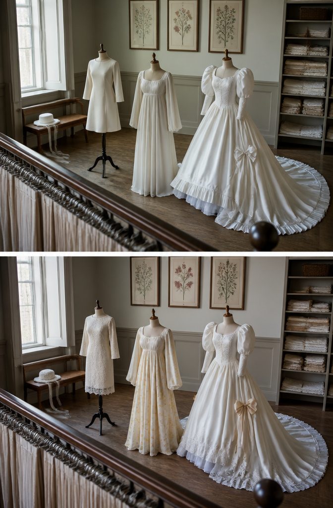 Old Fashion Wedding Dresses From the 1800s Through the 1980s 7 Wedding dress styles showing a short 1960s silhouette and later shapes