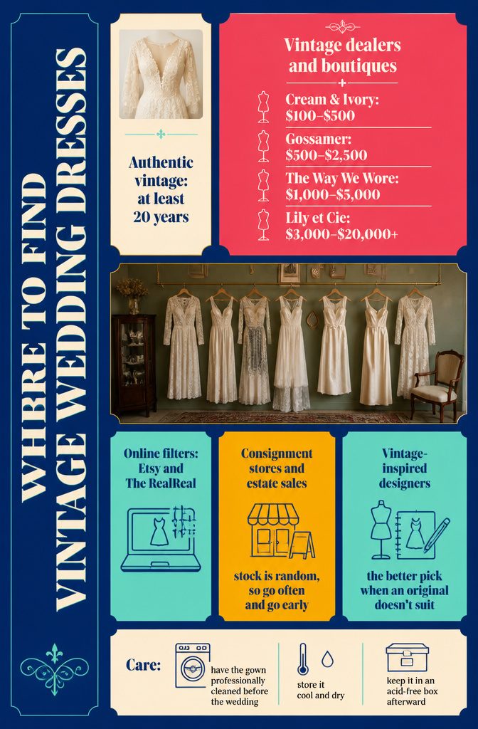 Old Fashion Wedding Dresses From the 1800s Through the 1980s 9 Fashion graphic titled Where to Find Vintage Wedding Dresses