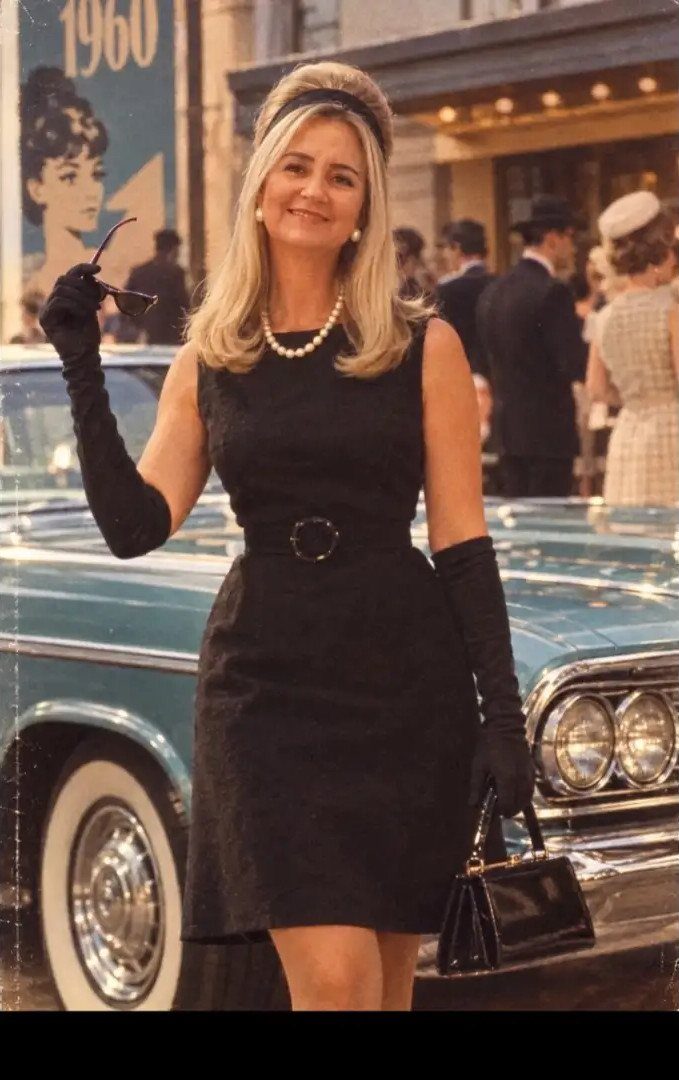 Woman in a short black vintage dress and opera gloves by a teal car