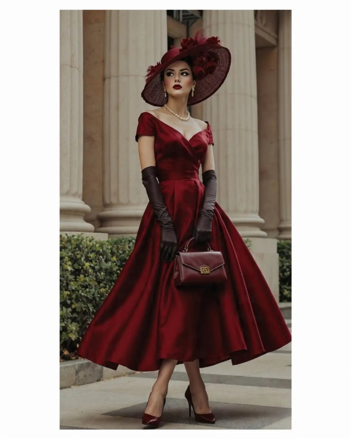Woman in a short red vintage satin dress, wide hat, and long gloves.