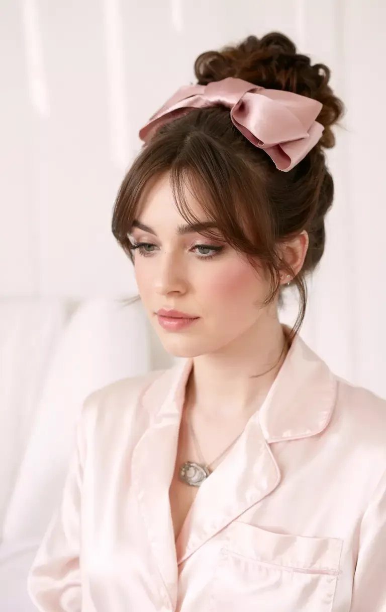 Woman with a high hair bun wearing a pink satin bow headband.
