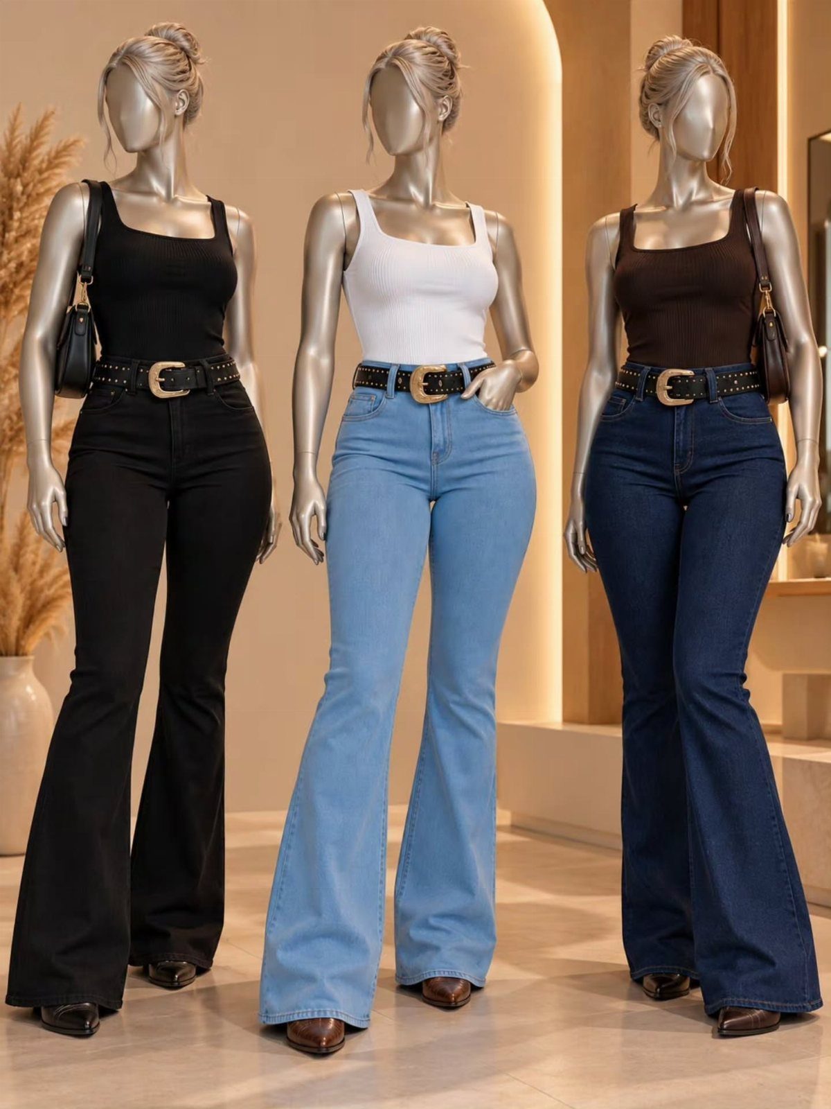 29 Rodeo Inspired Outfits Built on Fringe, Denim, and Boots 30 Three mannequins wearing tank tops and flare jeans with Western belts in different colors.
