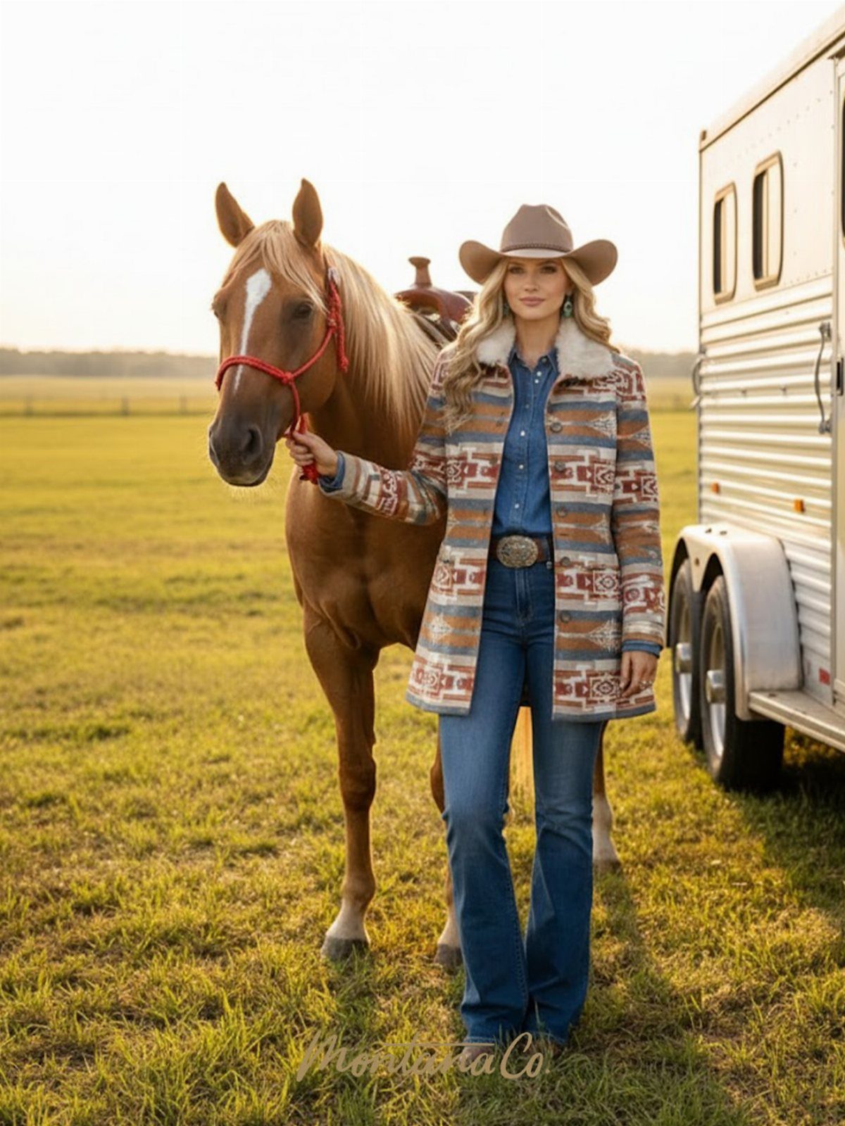29 Rodeo Inspired Outfits Built on Fringe, Denim, and Boots 12 Woman in cowboy hat and denim jeans standing next to a brown horse.