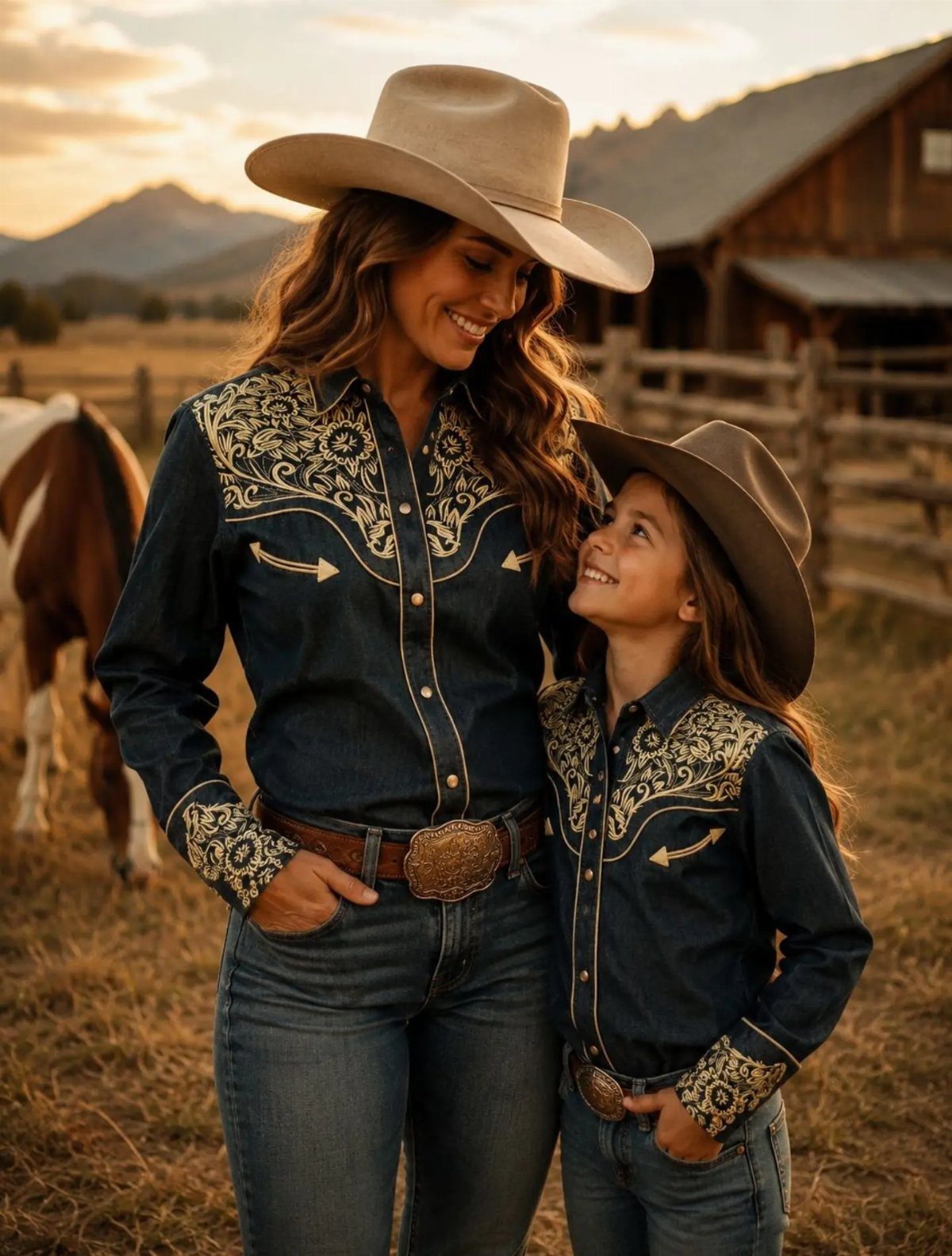29 Rodeo Inspired Outfits Built on Fringe, Denim, and Boots 18 Woman and girl in matching embroidered denim shirts, jeans, and cowboy hats.