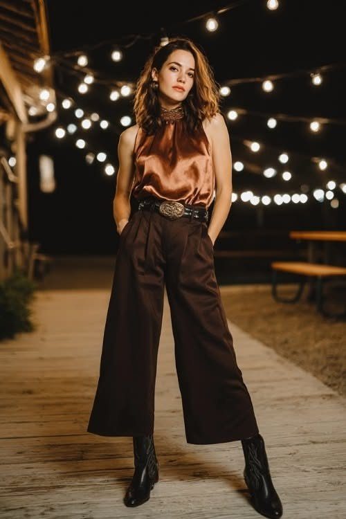 29 Rodeo Inspired Outfits Built on Fringe, Denim, and Boots 19 Woman in copper satin top and brown wide-leg trousers with Western belt and boots.