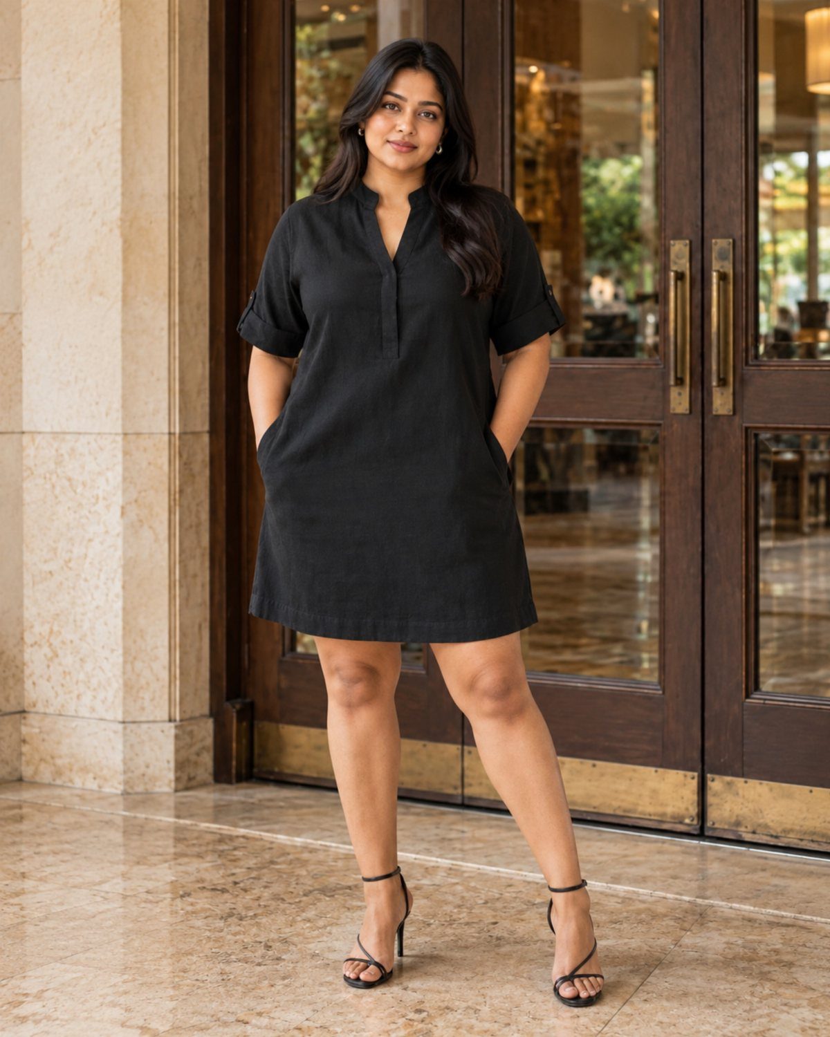 Semi Casual Clothes: 31 Outfit Ideas From Dresses to Loafers 24 Woman wearing a black shirt dress and strappy heels in a lobby