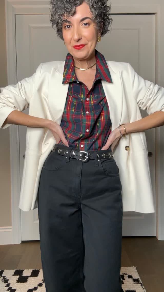 Semi Casual Clothes: 31 Outfit Ideas From Dresses to Loafers 16 Woman wearing a white blazer, plaid shirt, and black trousers with a studded belt.