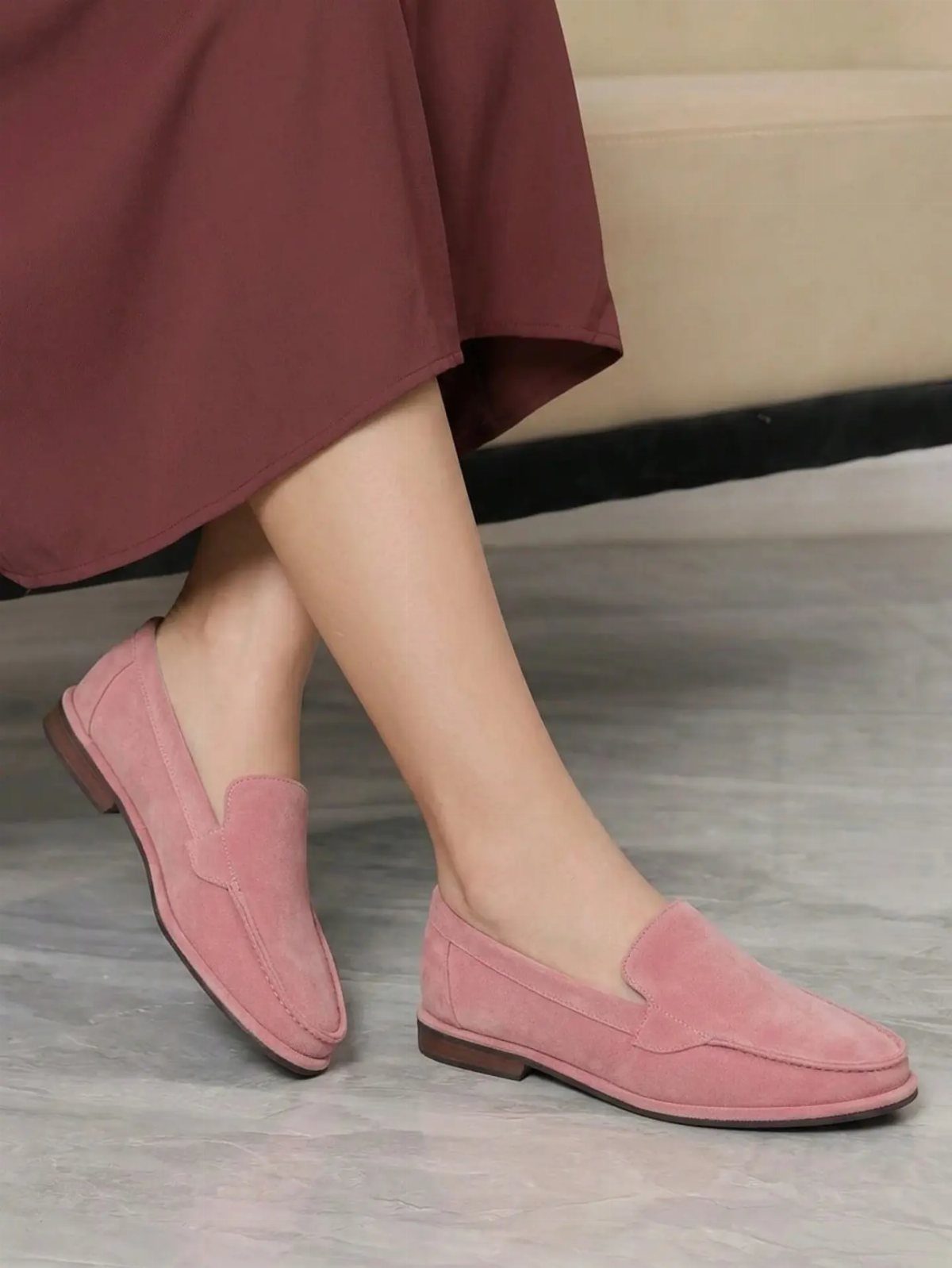 Semi Casual Clothes: 31 Outfit Ideas From Dresses to Loafers 28 Pink suede loafers worn with a long maroon skirt on a grey floor.