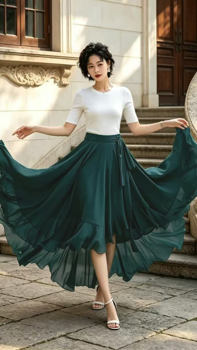 Semi Casual Clothes: 31 Outfit Ideas From Dresses to Loafers 14 Woman wearing a white top and a flowing dark green high-low elegant skirt.