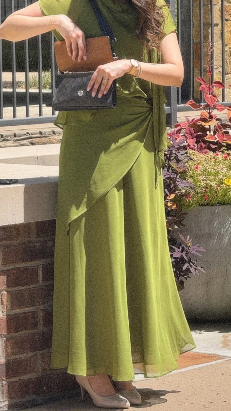 Semi Casual Clothes: 31 Outfit Ideas From Dresses to Loafers 3 Woman wearing an olive green wrap midi dress and beige pointed-toe heels.