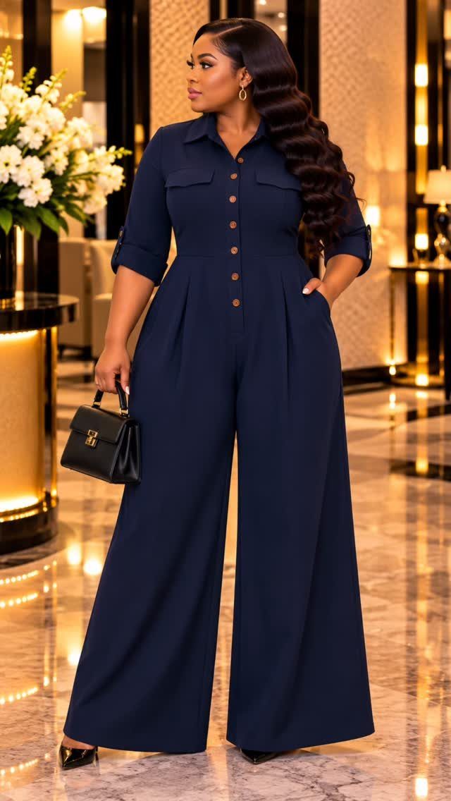 Semi Casual Clothes: 31 Outfit Ideas From Dresses to Loafers 10 Woman wearing a navy blue structured wide-leg jumpsuit and holding a black handbag.