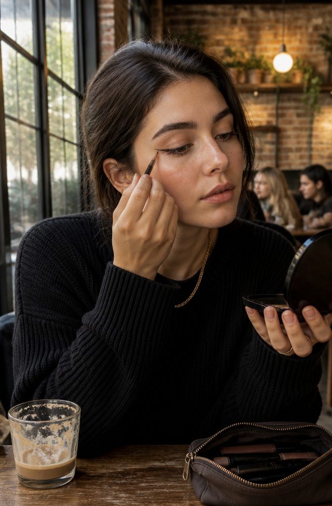 Model in a coffee shop illustrating half-wing beginner liner technique.