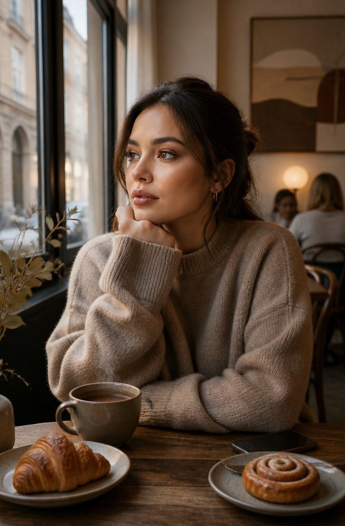 Model in a café showcasing the subtle smokey eye makeup look.