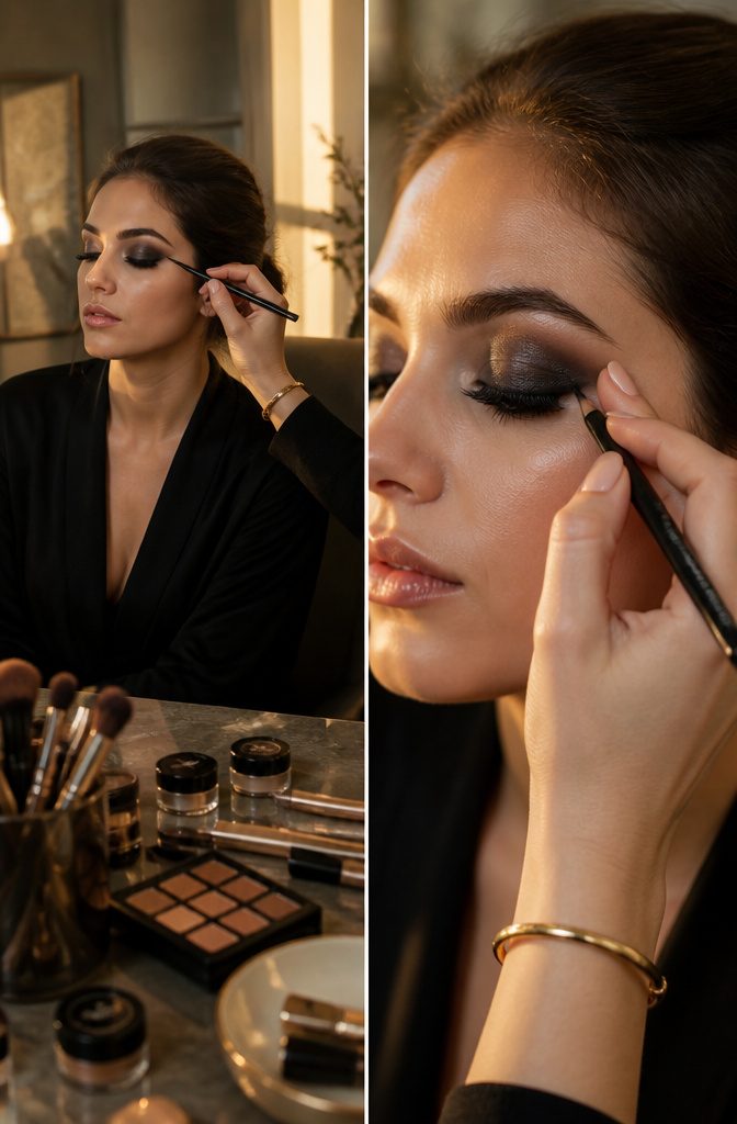 A model applies gel liner to the upper and lower waterlines of her eyes.